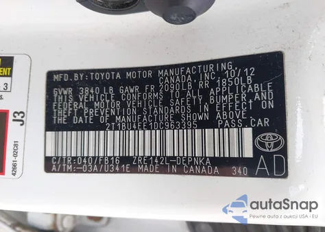 2013 Toyota Corolla Le из США, поврежденный, VIN 2T1BU4EE1DC963395